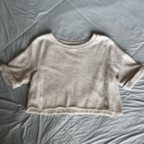 Juicy Couture Cream Speckled Heather Crop Top with Folded Sleeves Distressed - Picture 1 of 7